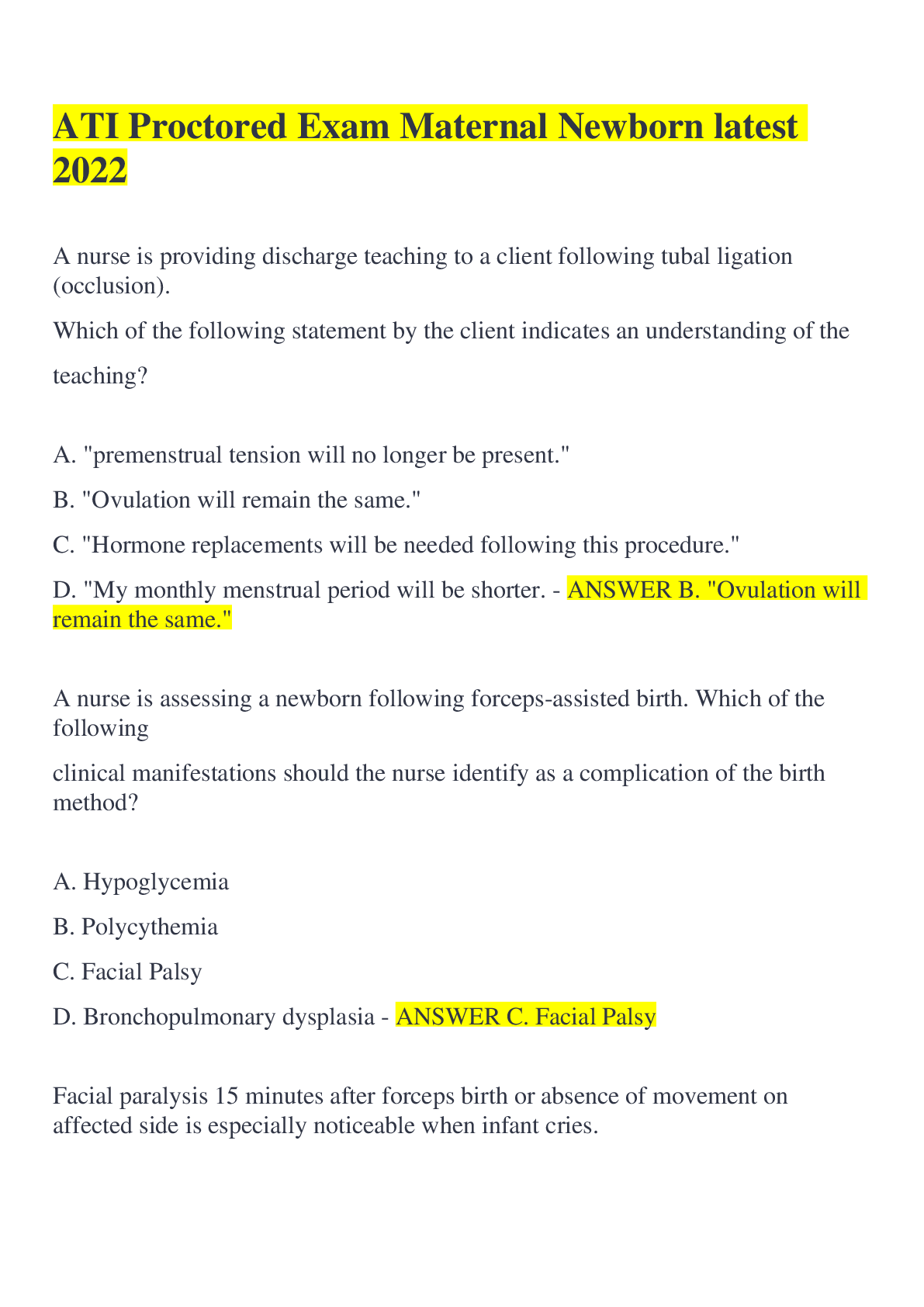 ATI Proctored Exam Maternal Newborn latest 2022 Browsegrades